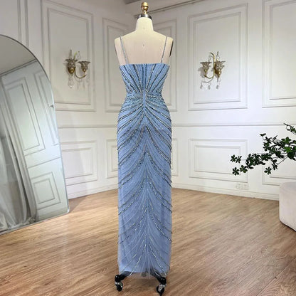 Serene Hill Dubai Blue Spaghetti Strap Mermaid Split Beaded Luxury Evening Dresses Gowns for Women Wedding Party 2025 LA72439 - SERENE HILL