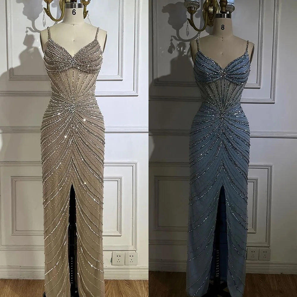 Serene Hill Dubai Blue Spaghetti Strap Mermaid Split Beaded Luxury Evening Dresses Gowns for Women Wedding Party 2025 LA72439 - SERENE HILL