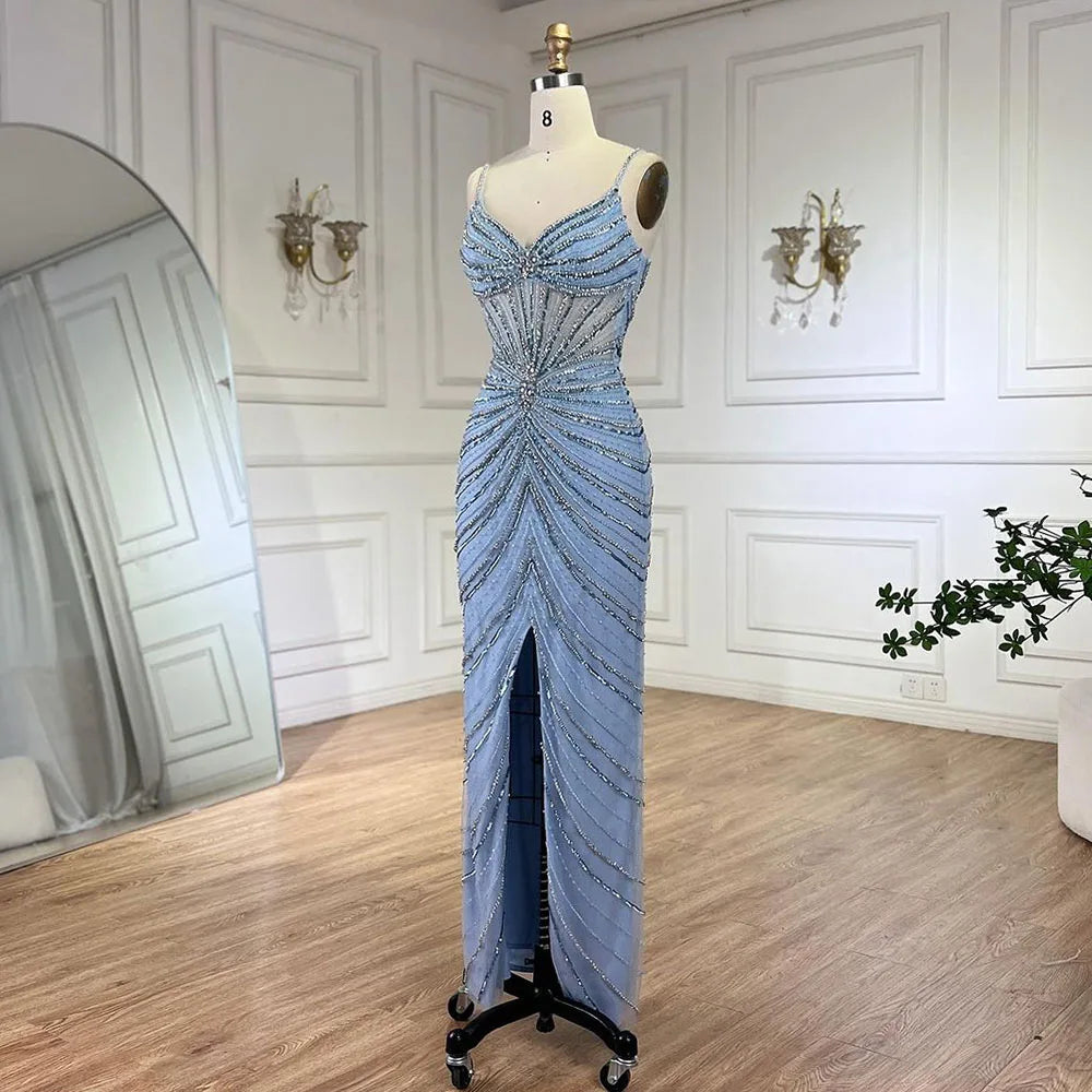 Serene Hill Dubai Blue Spaghetti Strap Mermaid Split Beaded Luxury Evening Dresses Gowns for Women Wedding Party 2025 LA72439 - SERENE HILL