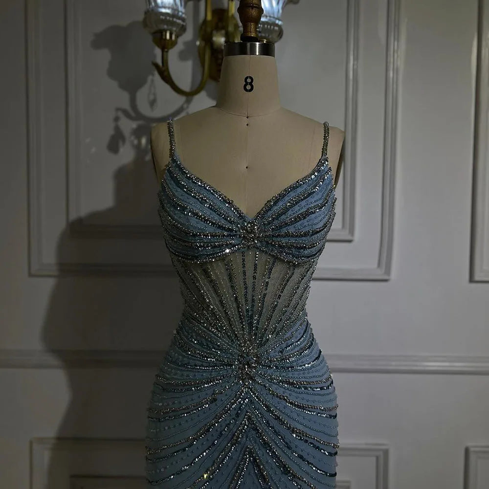 Serene Hill Dubai Blue Spaghetti Strap Mermaid Split Beaded Luxury Evening Dresses Gowns for Women Wedding Party 2025 LA72439 - SERENE HILL