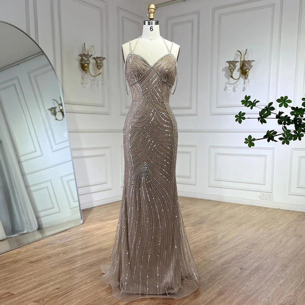 Serene Hill Dubai Caramel Luxury Beaded Spaghetti Strap Mermaid Evening Dresses Gowns for Women Wedding Party 2025 LA72501 - SERENE HILL