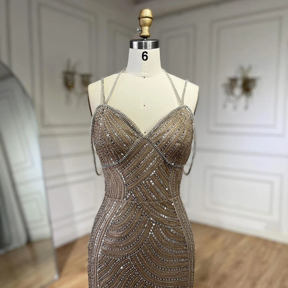 Serene Hill Dubai Caramel Luxury Beaded Spaghetti Strap Mermaid Evening Dresses Gowns for Women Wedding Party 2025 LA72501 - SERENE HILL