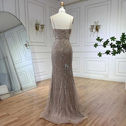 Serene Hill Dubai Caramel Luxury Beaded Spaghetti Strap Mermaid Evening Dresses Gowns for Women Wedding Party 2025 LA72501 - SERENE HILL