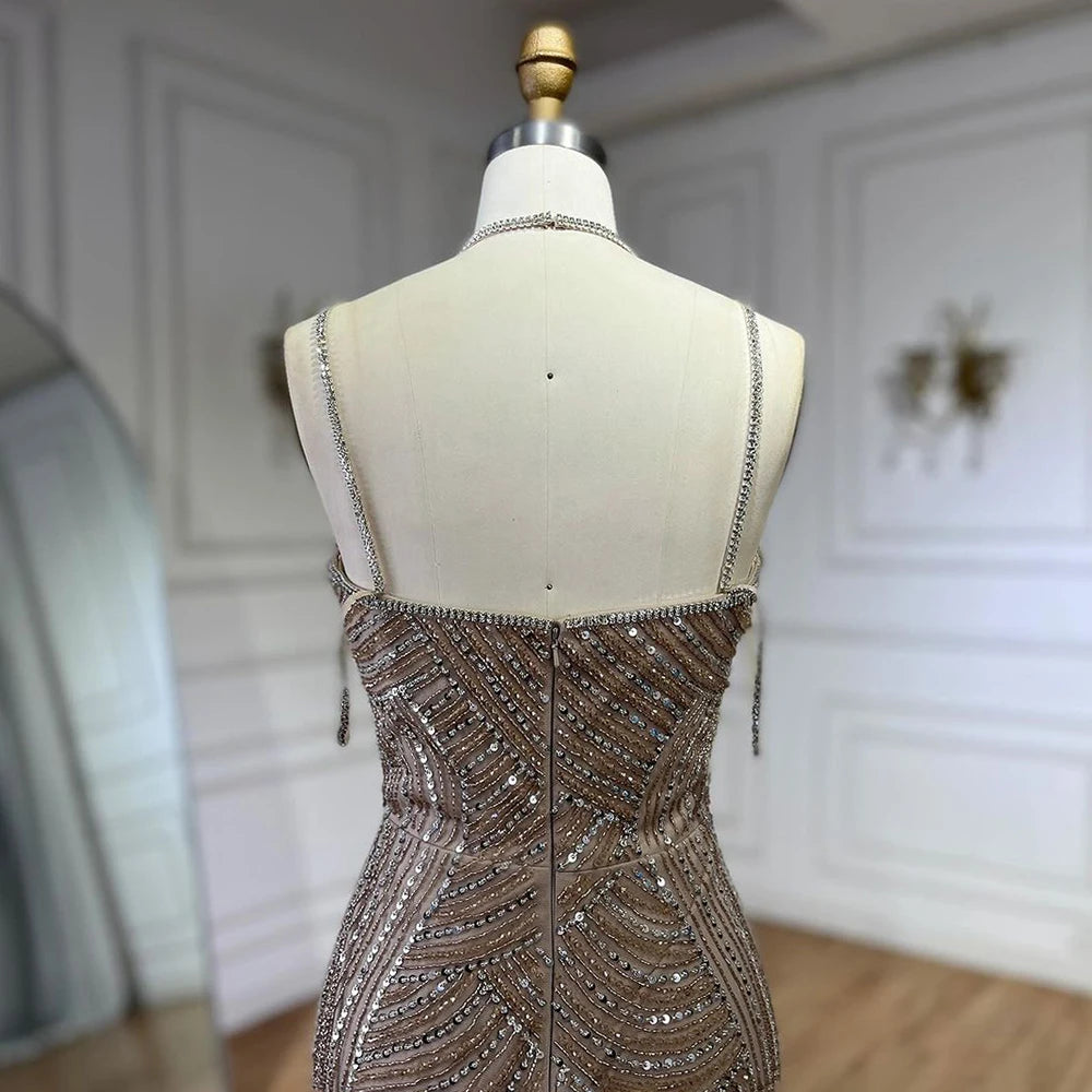 Serene Hill Dubai Caramel Luxury Beaded Spaghetti Strap Mermaid Evening Dresses Gowns for Women Wedding Party 2025 LA72501 - SERENE HILL