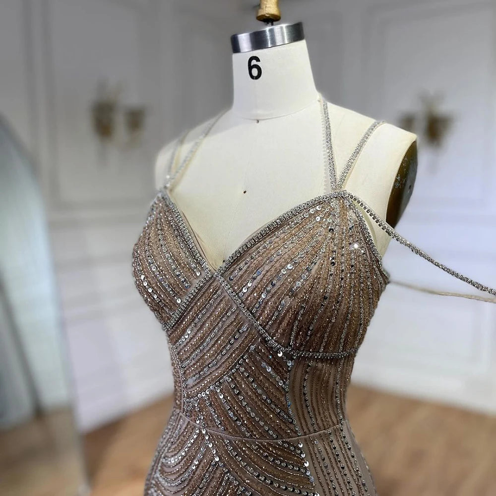 Serene Hill Dubai Caramel Luxury Beaded Spaghetti Strap Mermaid Evening Dresses Gowns for Women Wedding Party 2025 LA72501 - SERENE HILL