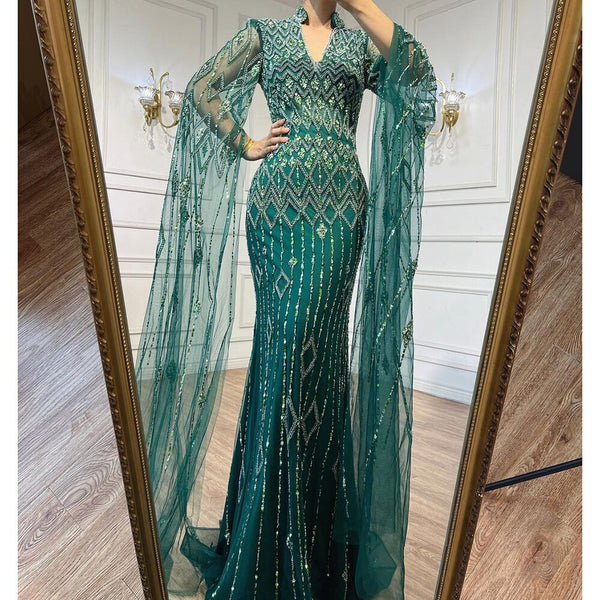  Serene Hill Dubai Designer Green Mermaid Arabic Evening Dress With Cape Luxury Formal Dresses for Women Wedding Party LA72094