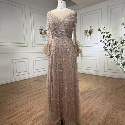 Elegant Champagne Feathers Long Sleeves Evening Dress LA71654 - SERENE HILL