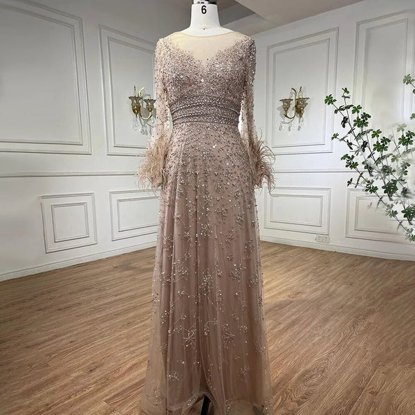 Elegant Champagne Feathers Long Sleeves Evening Dress LA71654
