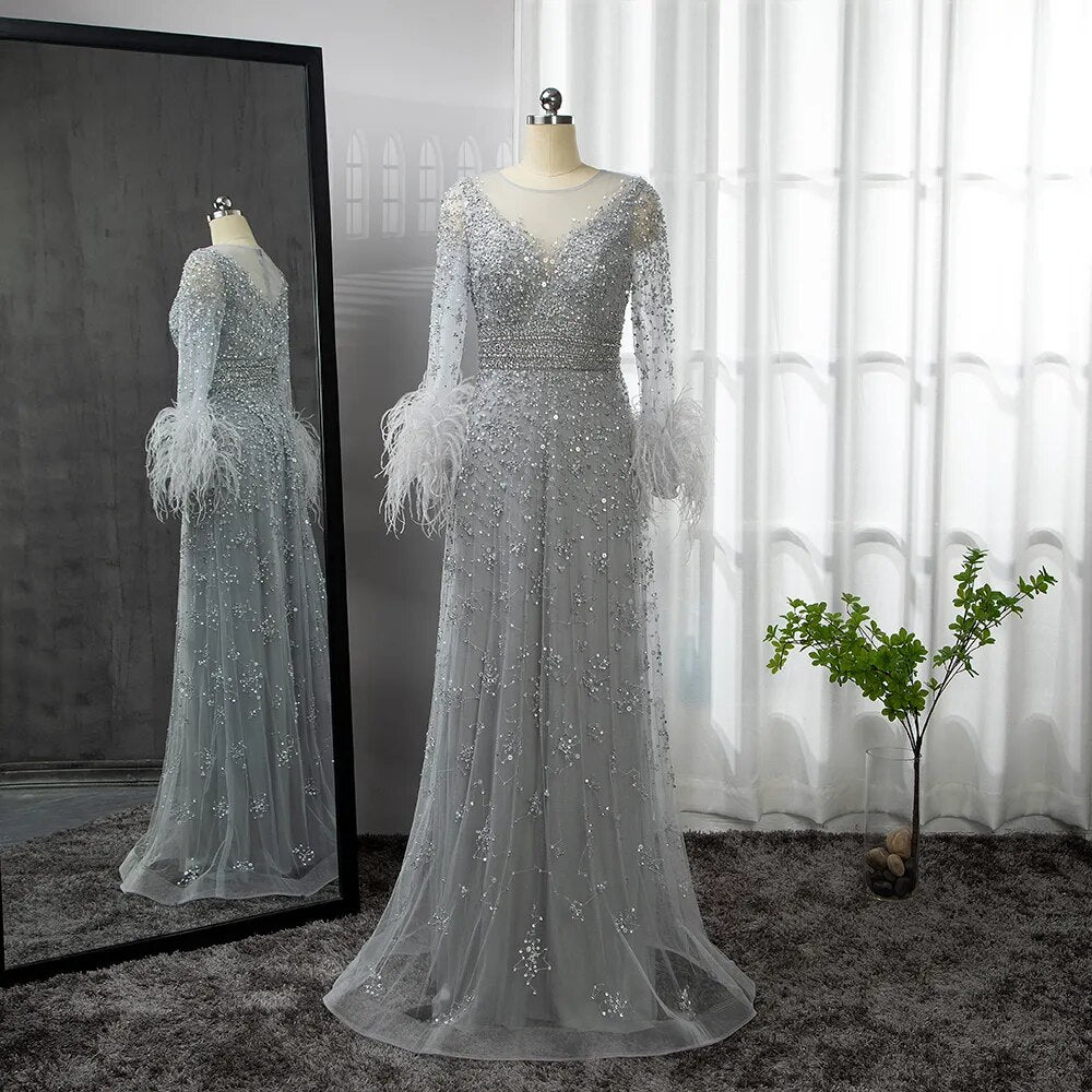 Elegant Champagne Feathers Long Sleeves Evening Dress LA71654 - SERENE HILL