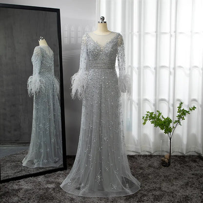 Elegant Champagne Feathers Long Sleeves Evening Dress LA71654 - SERENE HILL