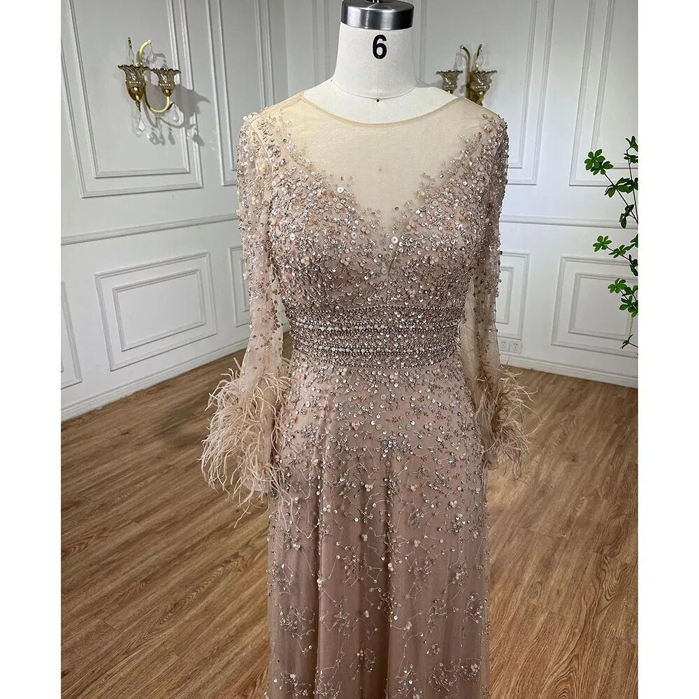 Elegant Champagne Feathers Long Sleeves Evening Dress LA71654 - SERENE HILL