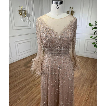 Elegant Champagne Feathers Long Sleeves Evening Dress LA71654 - SERENE HILL
