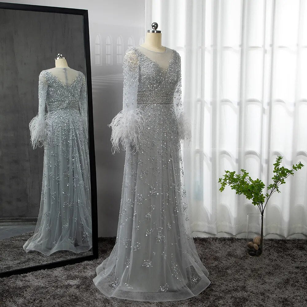 Elegant Champagne Feathers Long Sleeves Evening Dress LA71654 - SERENE HILL