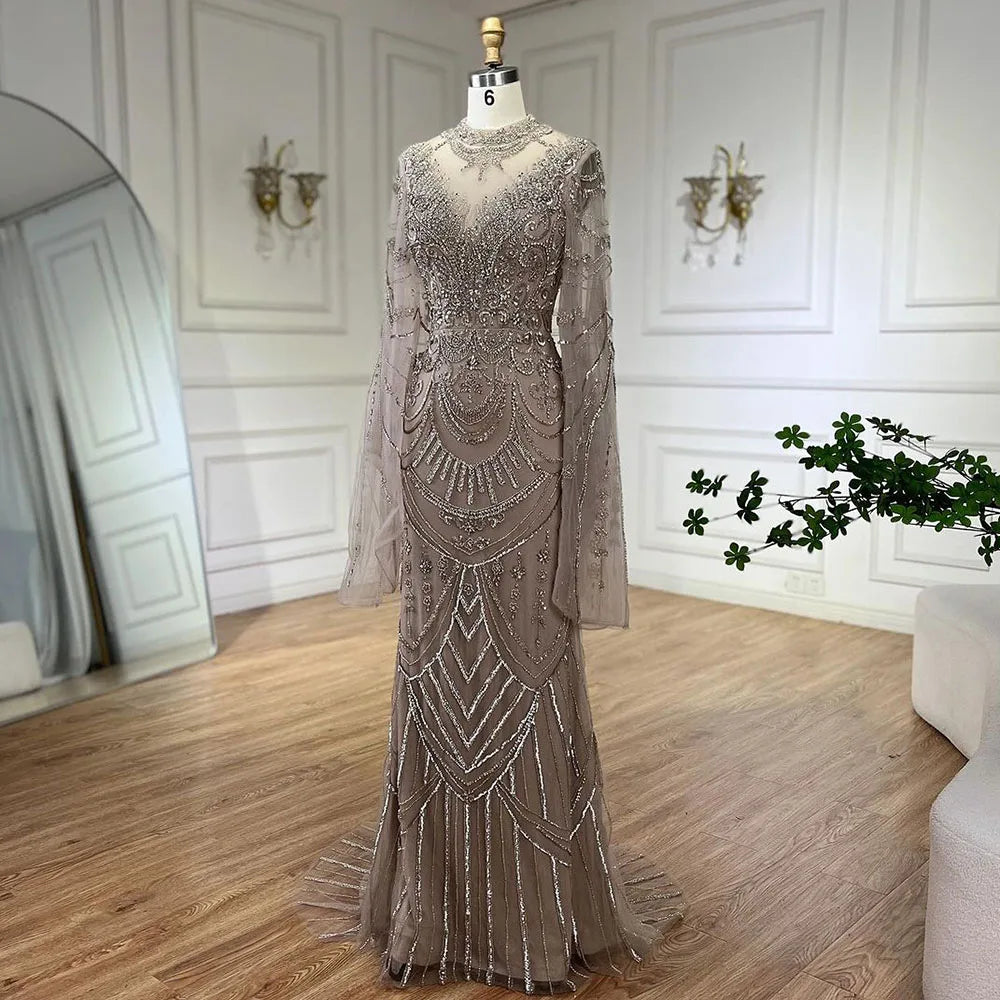 Serene Hill Dubai Gray Elegant Mermaid Beaded Lace Arabic Luxury Evening Dresses Gowns 2025 for Women Wedding Party LA72517 - SERENE HILL