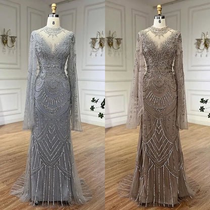 Serene Hill Dubai Gray Elegant Mermaid Beaded Lace Arabic Luxury Evening Dresses Gowns 2025 for Women Wedding Party LA72517 - SERENE HILL