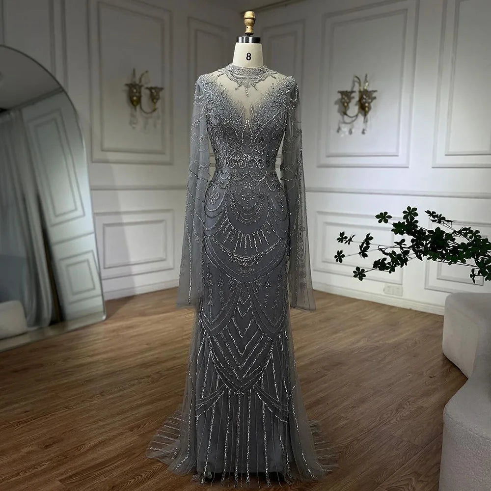 Serene Hill Dubai Gray Elegant Mermaid Beaded Lace Arabic Luxury Evening Dresses Gowns 2025 for Women Wedding Party LA72517 - SERENE HILL