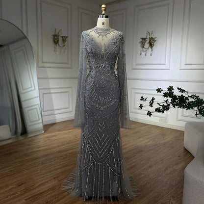 Serene Hill Dubai Gray Elegant Mermaid Beaded Lace Arabic Luxury Evening Dresses Gowns 2025 for Women Wedding Party LA72517 - SERENE HILL