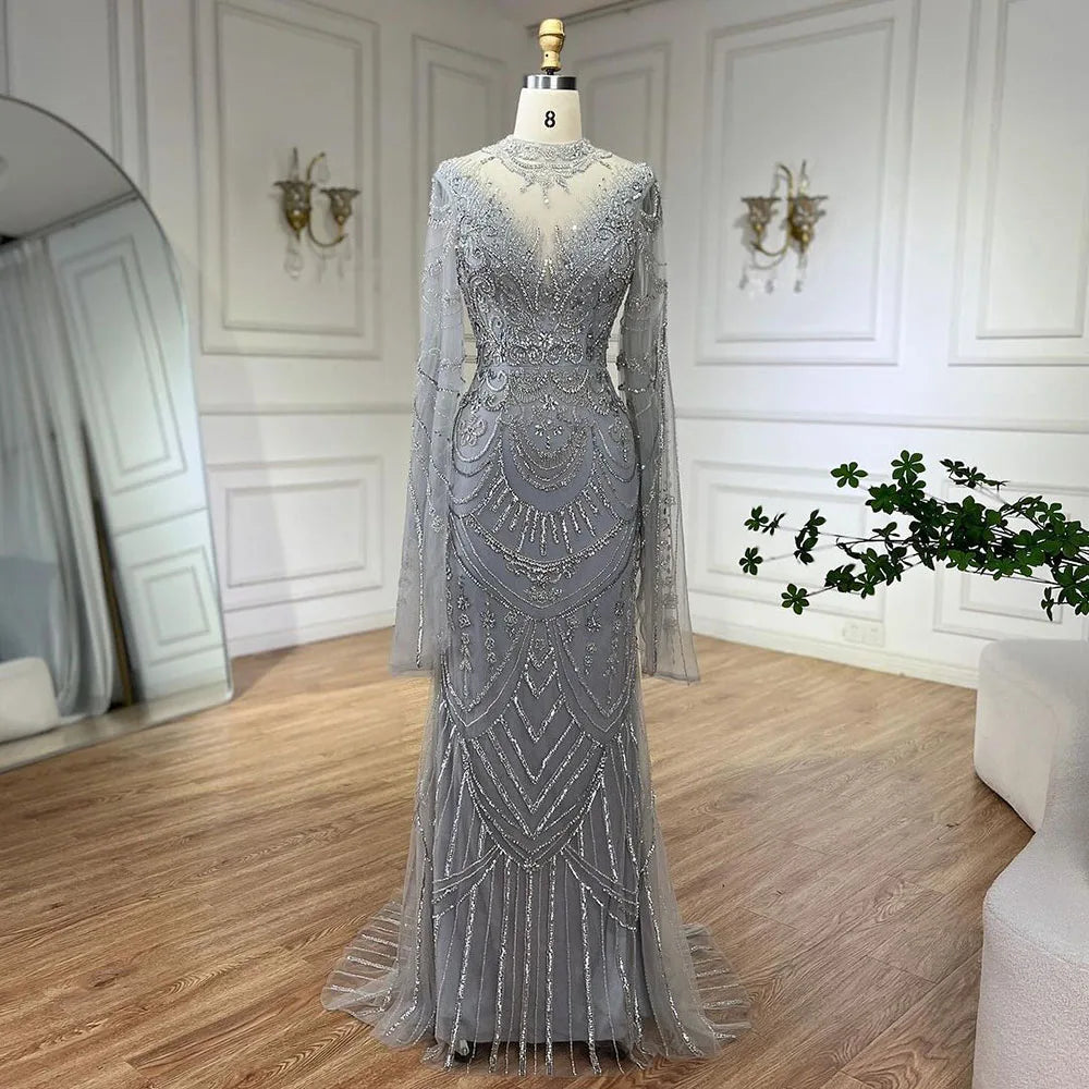 Serene Hill Dubai Gray Elegant Mermaid Beaded Lace Arabic Luxury Evening Dresses Gowns 2025 for Women Wedding Party LA72517 - SERENE HILL