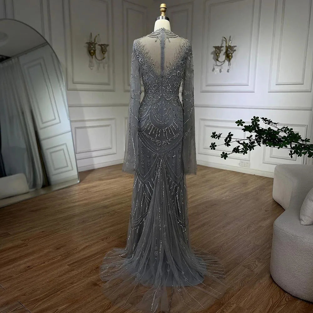 Serene Hill Dubai Gray Elegant Mermaid Beaded Lace Arabic Luxury Evening Dresses Gowns 2025 for Women Wedding Party LA72517 - SERENE HILL