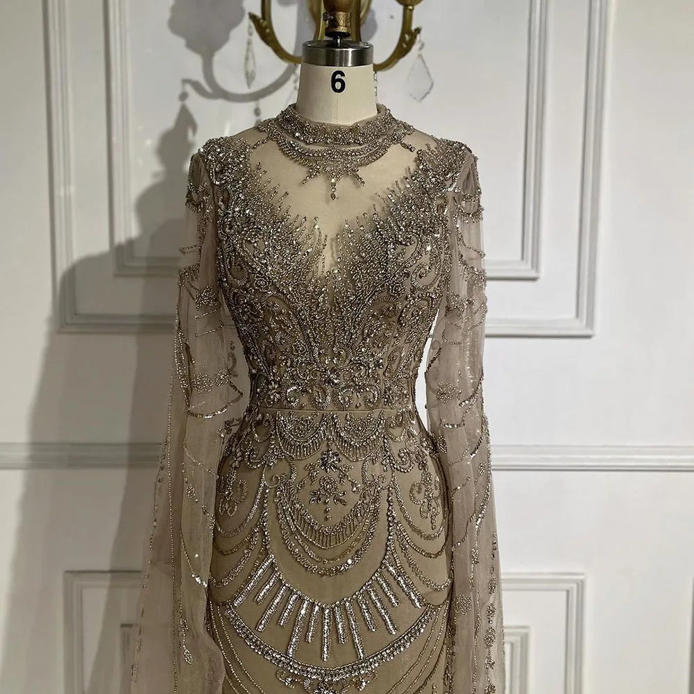 Serene Hill Dubai Gray Elegant Mermaid Beaded Lace Arabic Luxury Evening Dresses Gowns 2025 for Women Wedding Party LA72517 - SERENE HILL
