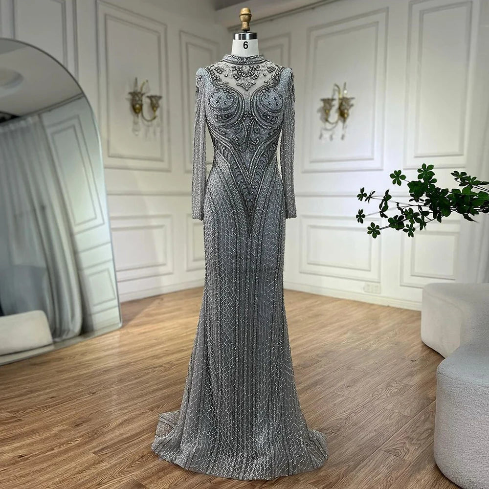 Serene Hill Dubai Gray Mermaid Elegant Lace Crystal Beaded Luxury Evening Dresses Gowns For Women Wedding Party 2025 LA72516 - SERENE HILL