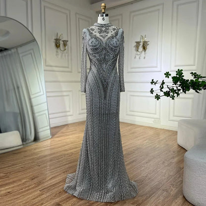 Serene Hill Dubai Gray Mermaid Elegant Lace Crystal Beaded Luxury Evening Dresses Gowns For Women Wedding Party 2025 LA72516 - SERENE HILL