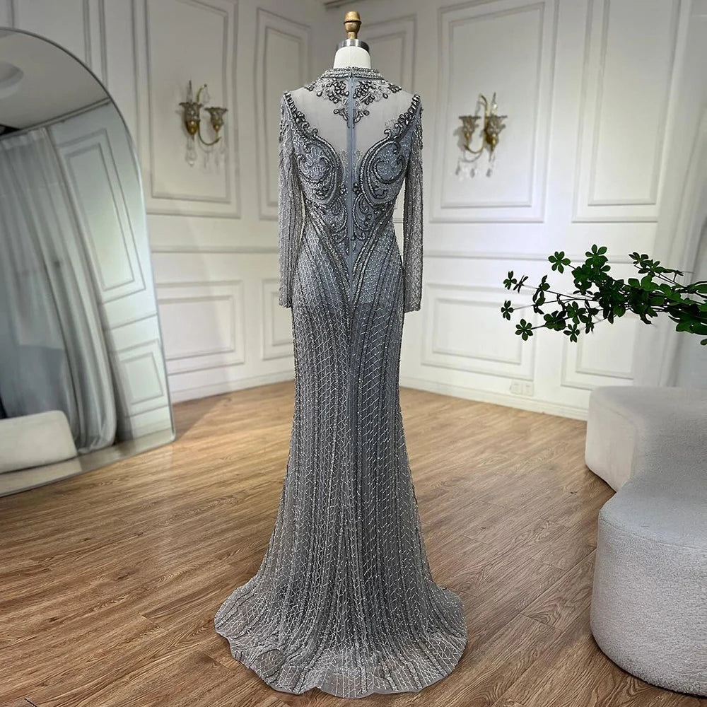 Serene Hill Dubai Gray Mermaid Elegant Lace Crystal Beaded Luxury Evening Dresses Gowns For Women Wedding Party 2025 LA72516 - SERENE HILL