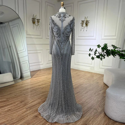 Serene Hill Dubai Gray Mermaid Elegant Lace Crystal Beaded Luxury Evening Dresses Gowns For Women Wedding Party 2025 LA72516 - SERENE HILL