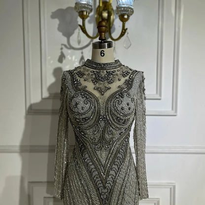 Serene Hill Dubai Gray Mermaid Elegant Lace Crystal Beaded Luxury Evening Dresses Gowns For Women Wedding Party 2025 LA72516 - SERENE HILL