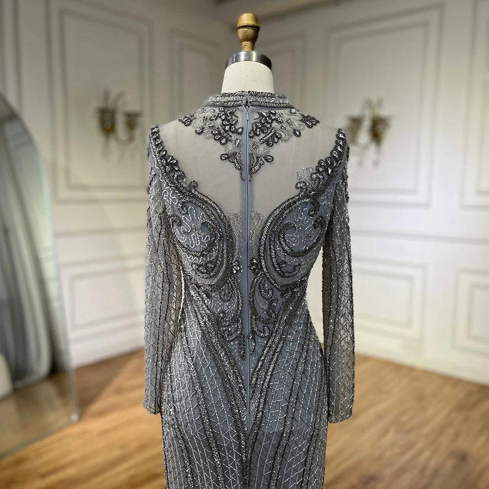 Serene Hill Dubai Gray Mermaid Elegant Lace Crystal Beaded Luxury Evening Dresses Gowns For Women Wedding Party 2025 LA72516 - SERENE HILL