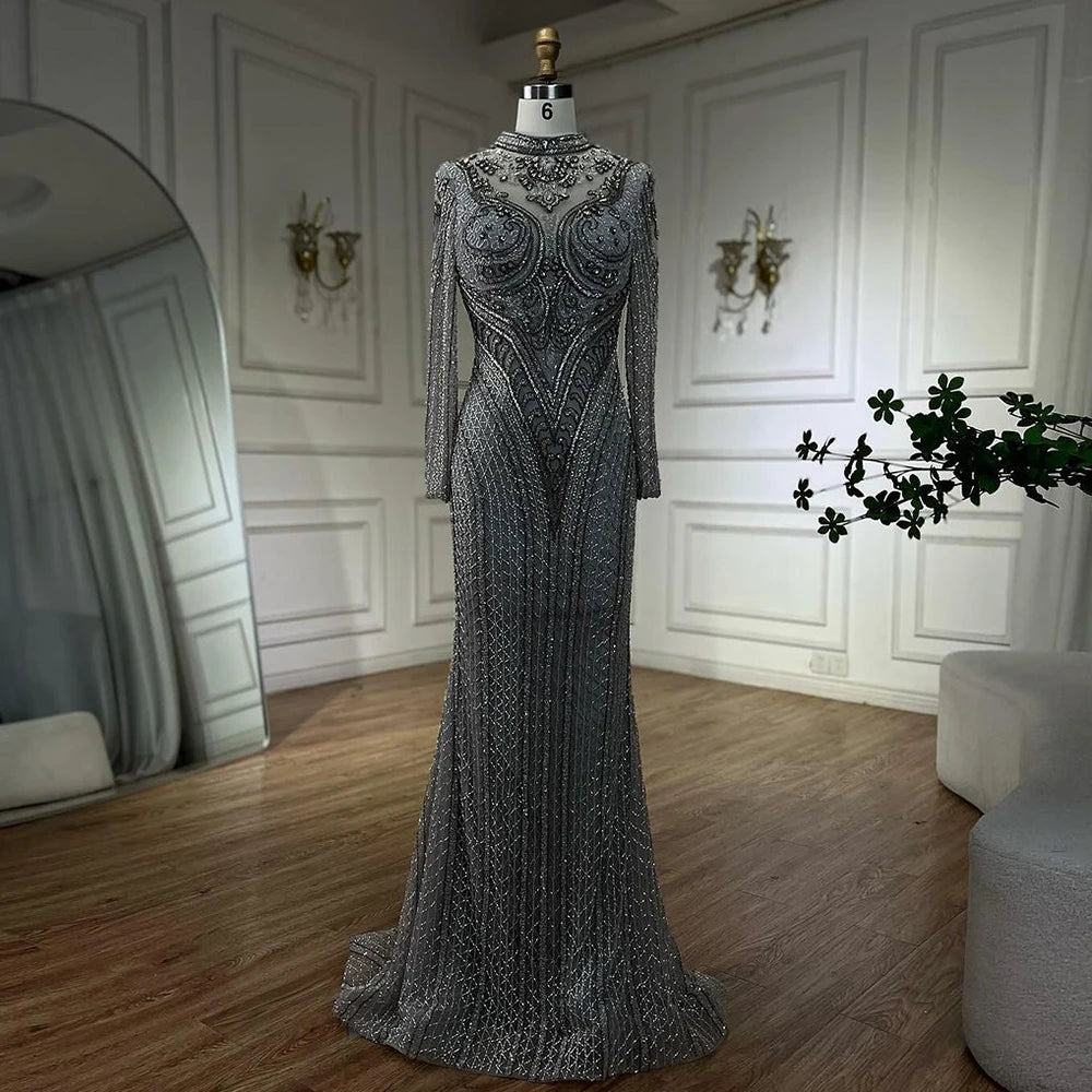 Serene Hill Dubai Gray Mermaid Elegant Lace Crystal Beaded Luxury Evening Dresses Gowns For Women Wedding Party 2025 LA72516 - SERENE HILL