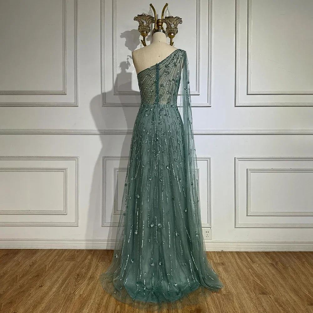 Luxury Beaded Turquoise One Shoulder Evening Dresses with Cape Sleeves LA72503 Black / 10