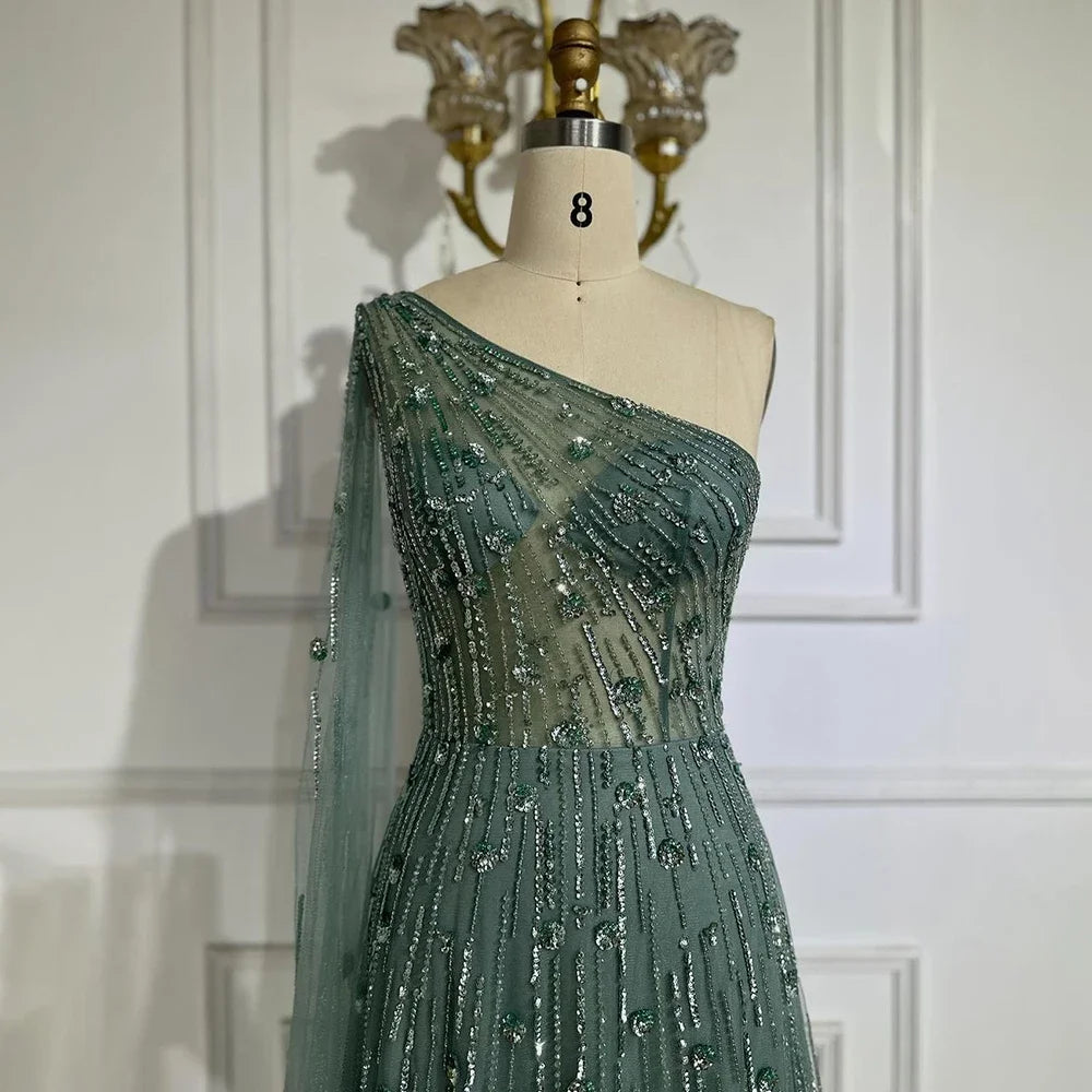Luxury Beaded Turquoise One Shoulder Evening Dresses with Cape Sleeves LA72503 - SERENE HILL