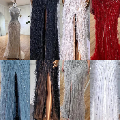 Feathers Mermaid Silver Gray Evening Dress Formal Party Gown LA70623A - SERENE HILL