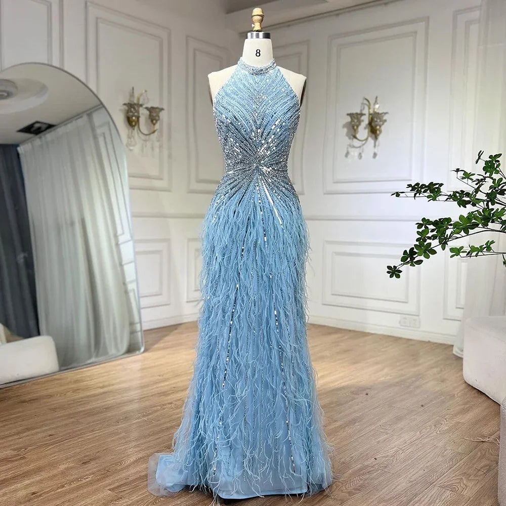 Feathers Mermaid Silver Gray Evening Dress Formal Party Gown LA70623A - SERENE HILL