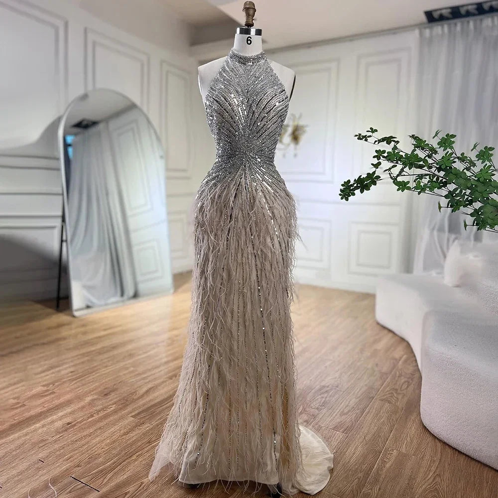 Feathers Mermaid Silver Gray Evening Dress Formal Party Gown LA70623A - SERENE HILL