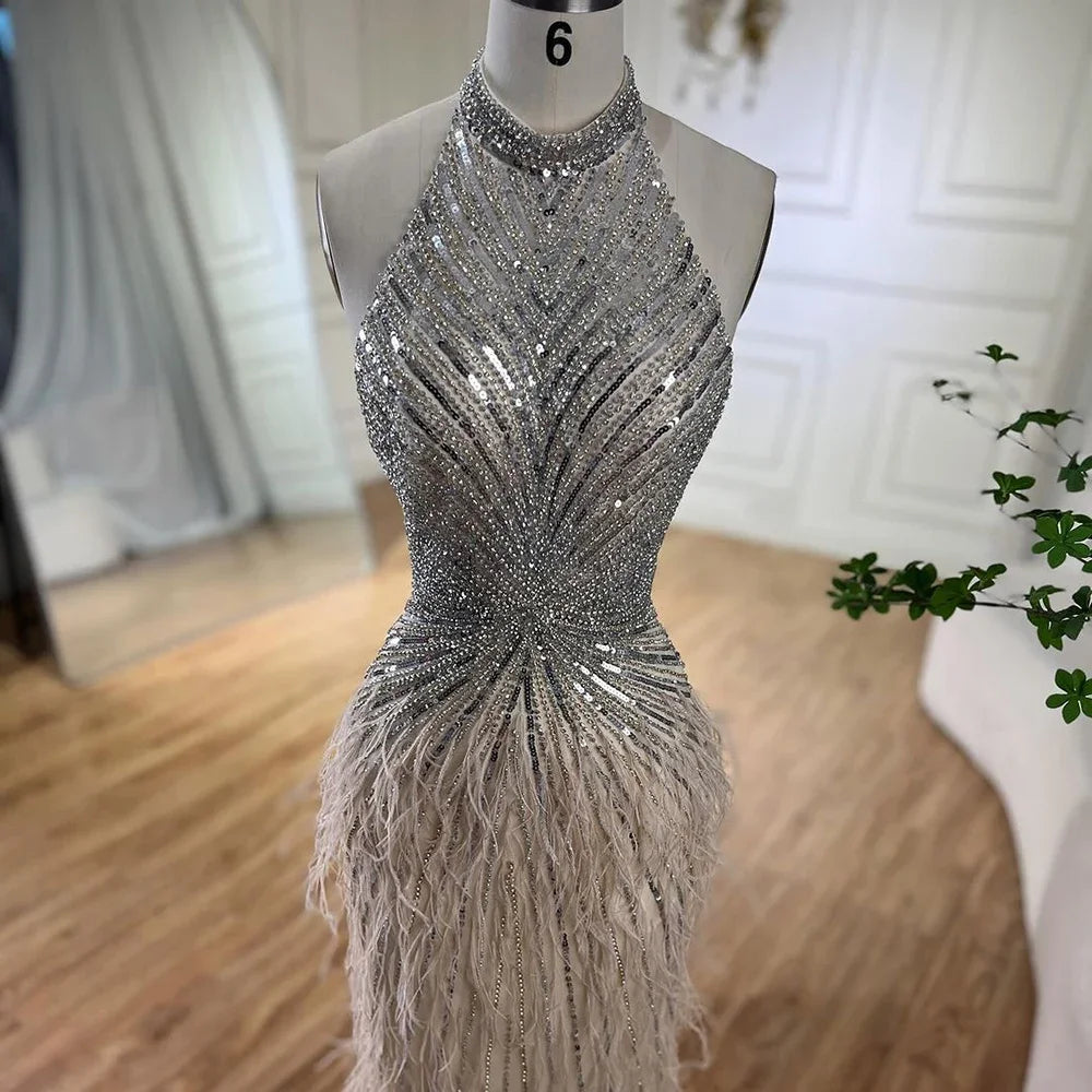 Feathers Mermaid Silver Gray Evening Dress Formal Party Gown LA70623A - SERENE HILL