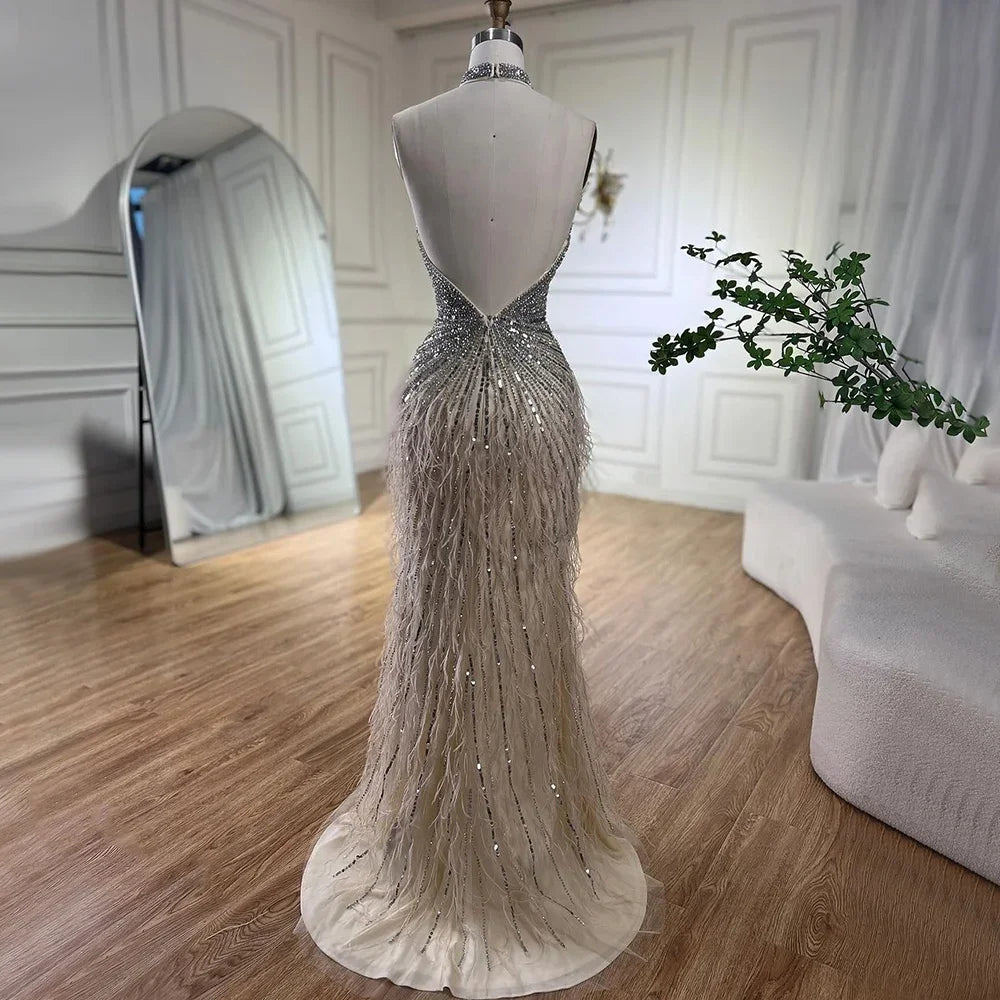 Feathers Mermaid Silver Gray Evening Dress Formal Party Gown LA70623A - SERENE HILL