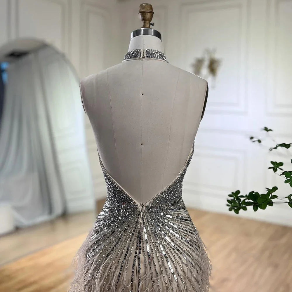 Feathers Mermaid Silver Gray Evening Dress Formal Party Gown LA70623A - SERENE HILL