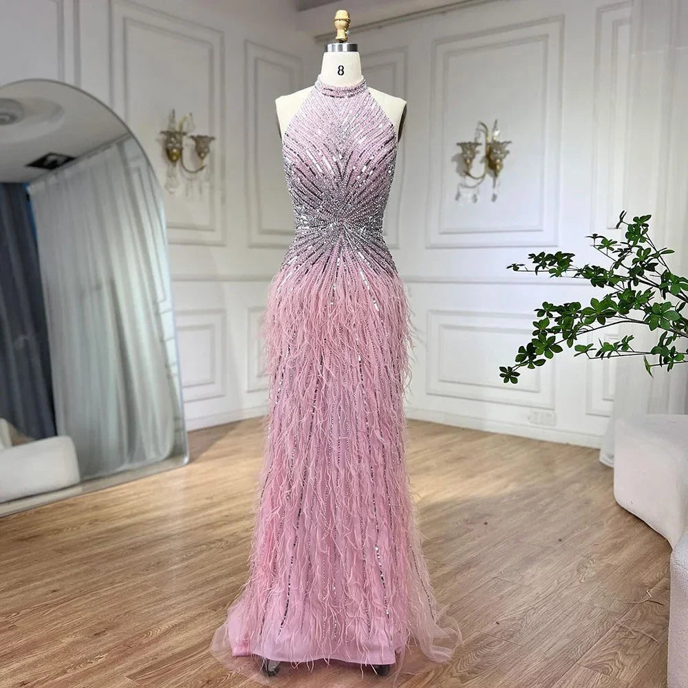 Feathers Mermaid Silver Gray Evening Dress Formal Party Gown LA70623A - SERENE HILL