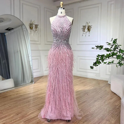 Feathers Mermaid Silver Gray Evening Dress Formal Party Gown LA70623A - SERENE HILL