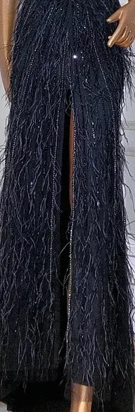 Feathers Mermaid Silver Gray Evening Dress Formal Party Gown LA70623A - SERENE HILL
