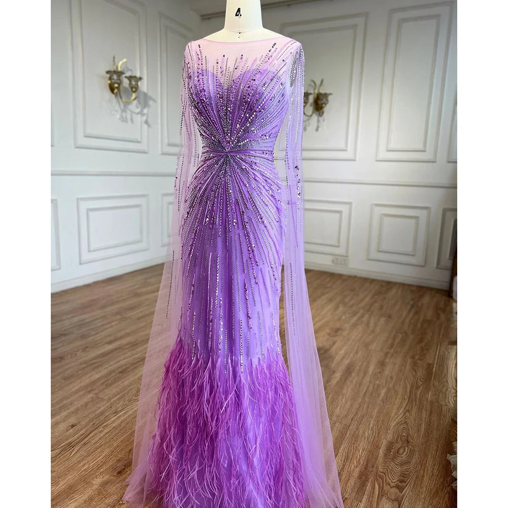 Luxury Lilac Feathers Evening Dresses with Cape Sleeves LA72036 - SERENE HILL