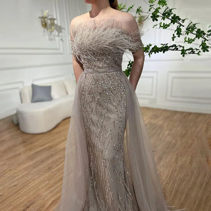 Dubai Luxury Beaded Blue Mermaid Evening Dress Gown with Overskirt LA71634 - SERENE HILL
