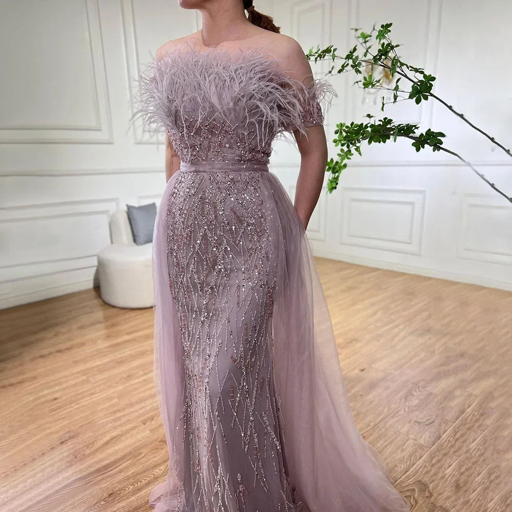 Dubai Luxury Beaded Blue Mermaid Evening Dress Gown with Overskirt LA71634 - SERENE HILL