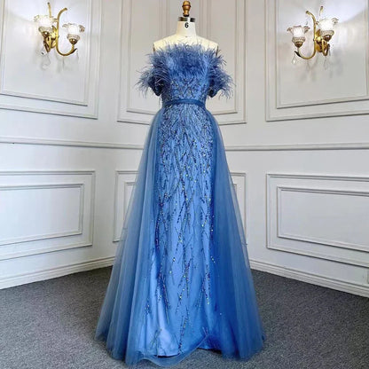 Dubai Luxury Beaded Blue Mermaid Evening Dress Gown with Overskirt LA71634 - SERENE HILL