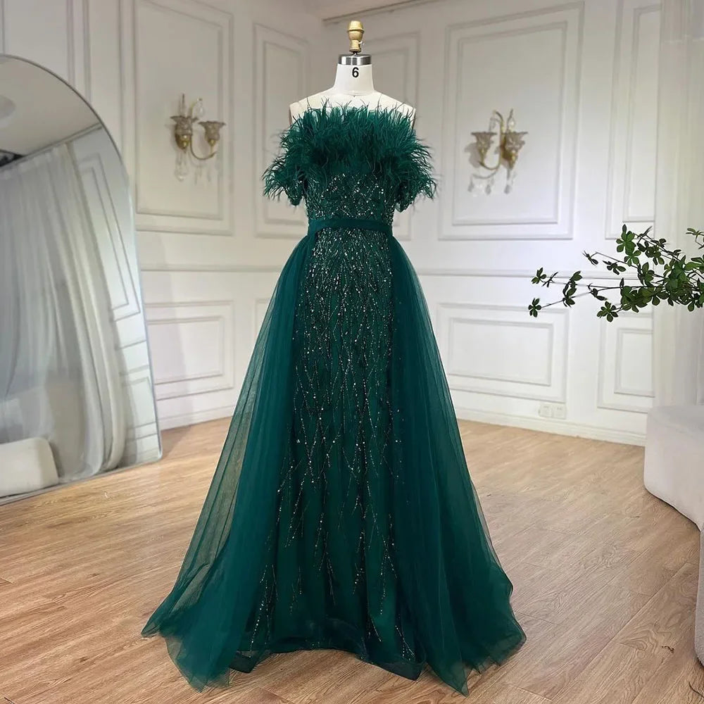 Dubai Luxury Beaded Blue Mermaid Evening Dress Gown with Overskirt LA71634 - SERENE HILL