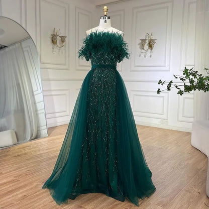 Dubai Luxury Beaded Blue Mermaid Evening Dress Gown with Overskirt LA71634 - SERENE HILL