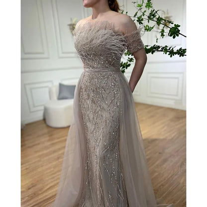 Dubai Luxury Beaded Blue Mermaid Evening Dress Gown with Overskirt LA71634 - SERENE HILL