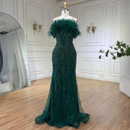Dubai Luxury Beaded Blue Mermaid Evening Dress Gown with Overskirt LA71634 - SERENE HILL